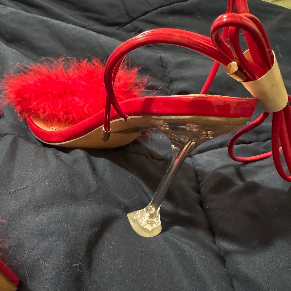 Azalea Wang Red Lace Up Feather Heels
